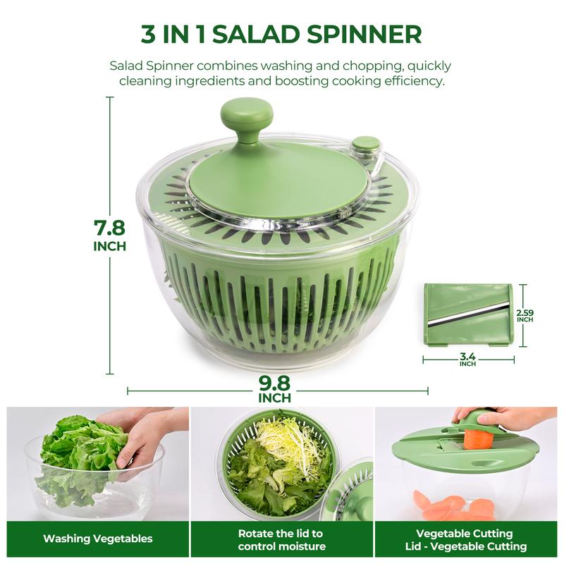 Salad Spinner Large, 3 IN 1 Vegetable and Fruit Washing Bowl with Strainer, Lettuce Spinner with 5 Blades Slicer, Egg Yolk Strainer, Salad Bowl for Efficient Salad Preparation, 5.3 Qt Kitchen Gadgets Set