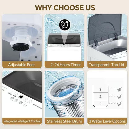 Portable Compact Washing Machine Full Automatic Stainless Steel Drum LED Display for Apartment